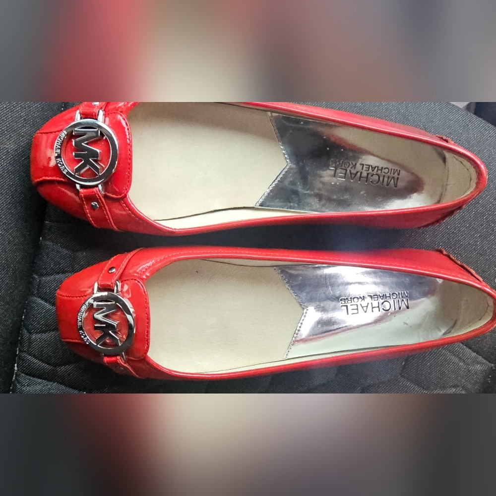 Michael Kors Fulton Red Patent Leather Moc Ballet Flats MK Silver Logo
